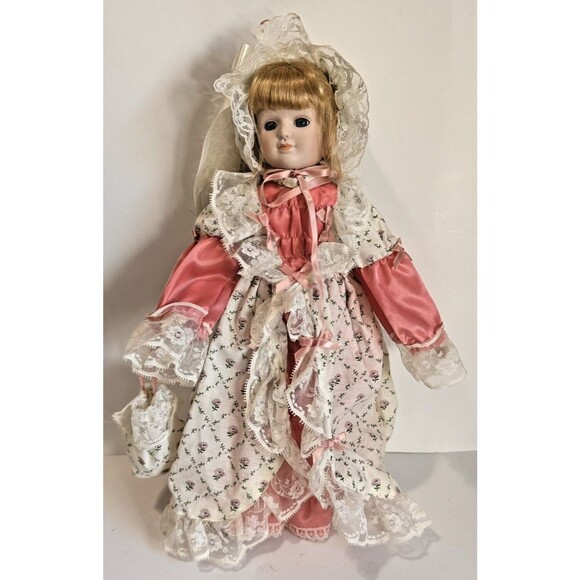 16" Porcelain Doll Blonde Hair Blue Eyes Period Dress with Hat & Bag Collectible - Picture 2 of 9